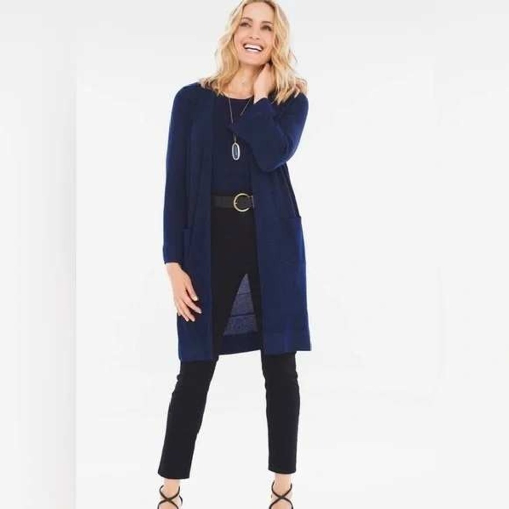 NWT CHICO'S Mix Stitch Cardigan Size 2 Women's Medium Blue Long Open Front - Picture 4 of 10